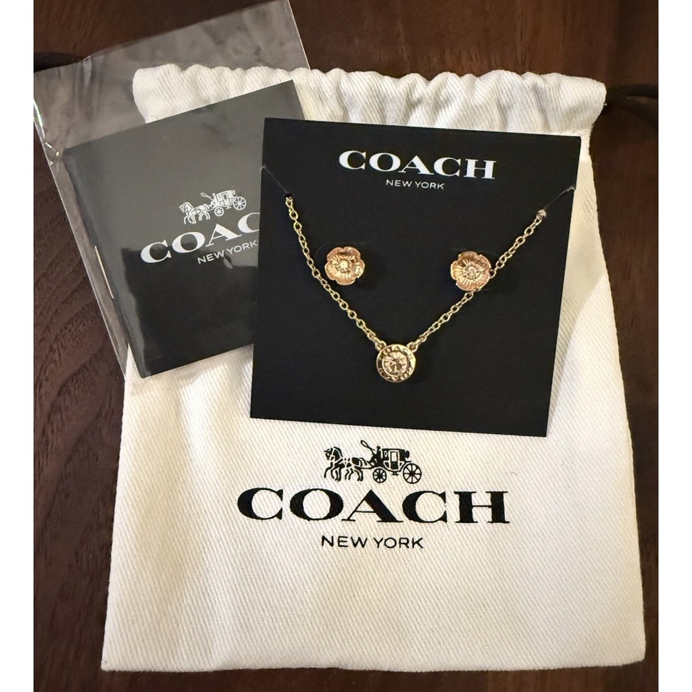 Coach Rose Gold Open Circle Necklace & Tea Rose Stud Earrings NEW!